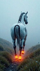 Naklejka premium Robot horse runs with sparks flying out from under its hooves in a foggy area. Horse symbol 2026