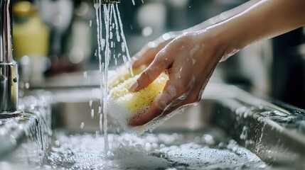 Fototapeta premium Hands washing dishes in kitchen sink with sponge