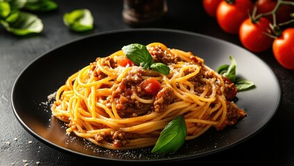 A delicious plate of spaghetti pasta with tomato sauce and herbs