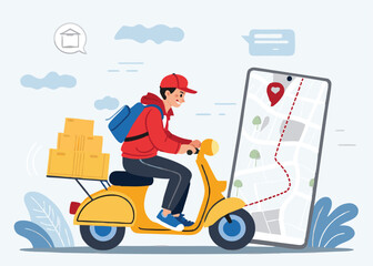 Illustration of a delivery man riding a scooter with a parcel box, using a smartphone GPS app for navigation, with a map and location pins shown on a large mobile screen

