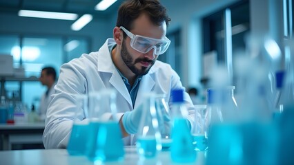 Focused Scientist Working in Lab with Beakers of Blue Liquid for Experiment & Research