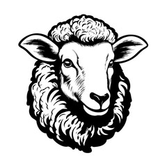 Detailed black and white illustration of a sheep head, perfect for graphic design and farm-themed projects.