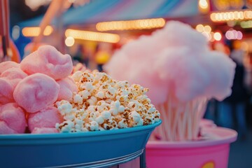 A bowl of popcorn and cotton candy on a table, perfect for a party or snack