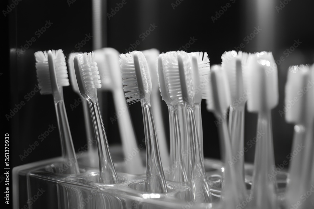 Aufkleber A collection of toothbrushes stored in a transparent container
