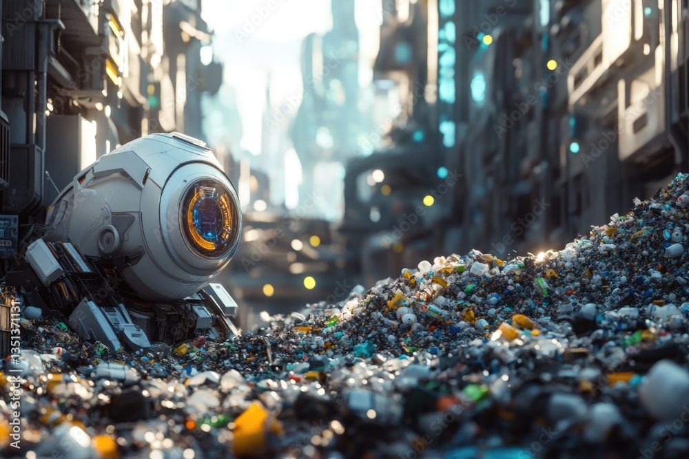 Poster a robot sits on top of a pile of garbage, surrounded by waste and debris