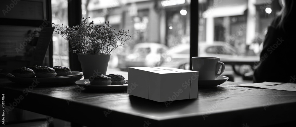 Poster a black and white photo of a table with a box of doughnuts, perfect for a cafe or bakery setting
