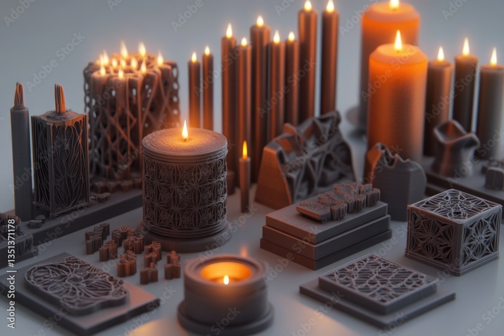 Poster a group of candles sit atop a table, ready for use
