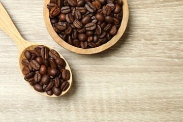 Coffee beans on wooden background