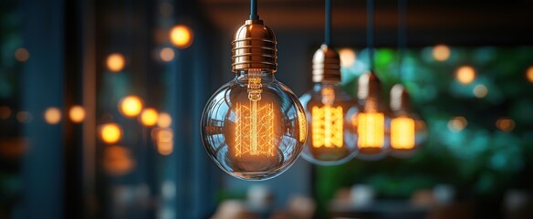 Illuminated Edison Bulbs in Cafe, Warm Ambiance