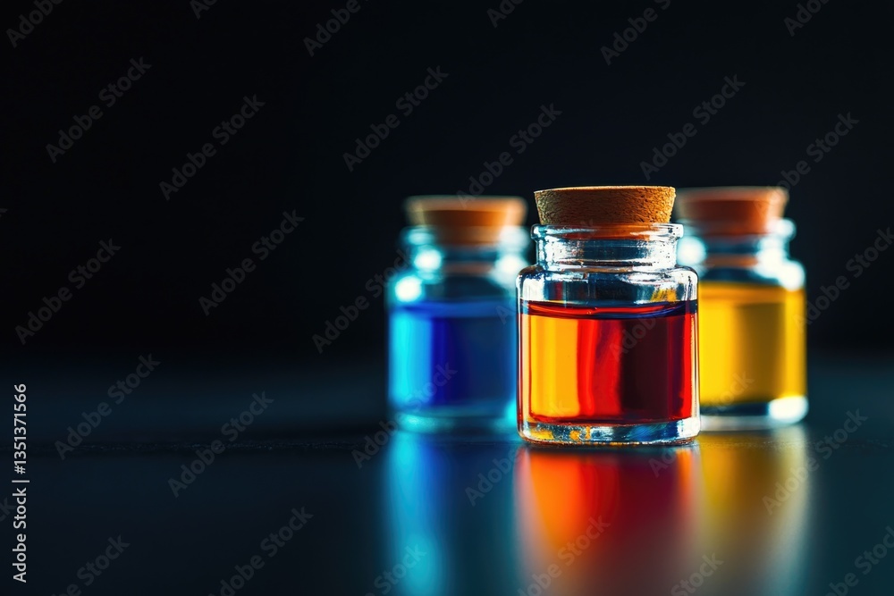 Poster three small glass containers filled with different colored substances