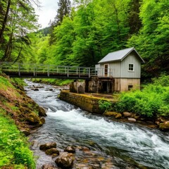 Small hydroelectric plant on a stream surrounded by nature. Generated AI
