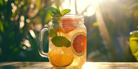 A vibrant summer drink with crushed ice, citrus slices, and mint leaves in a mason jar, with sunlight filtering through palm trees in the background. 