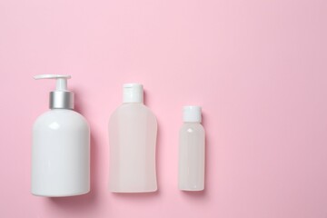 Natural cosmetic products a pink background, top view