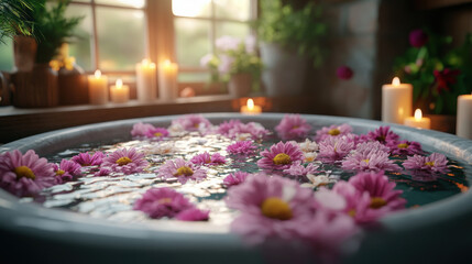 SPA, A luxurious spa bathtub filled with aromatic flowers, captured in high fidelity for relaxation and wellness visuals.