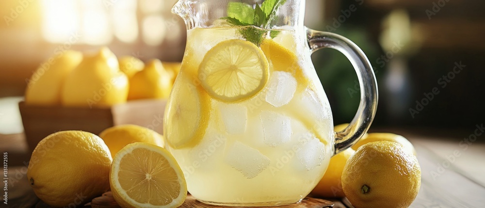 Poster freshly squeezed lemonade with lemons on a wooden table