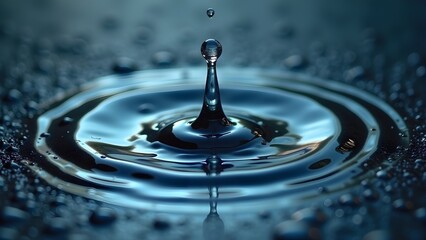 Captivating close-up of a falling water droplet creating ripples on a smooth surface, reflecting purity and motion.