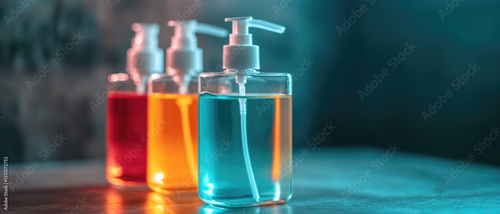 Leinwandbilder three bottles of different liquids on a table, suitable for various uses