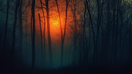 Naklejka premium The evening misty spooky forest background with horror Halloween decorated conceptual.