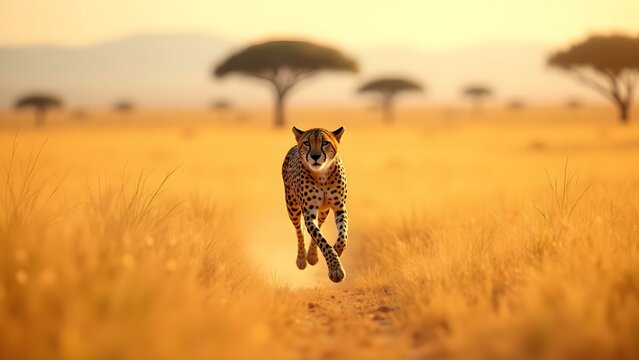 Elegant cheetah sprints across the golden African savanna during a vibrant sunset, showcasing its raw power.
