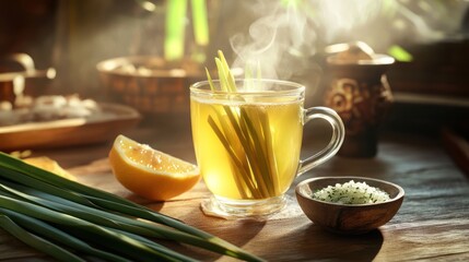 Steaming lemongrass tea, sunlit kitchen, herbal drink