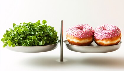 Modern steel balance scale showcasing fresh watercress on one side, embodying the theme of food balance and the harmony of fresh ingredients in culinary creation.