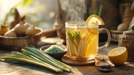 Lemongrass tea with lemon, sunlight, rustic setting; healthy drink recipe