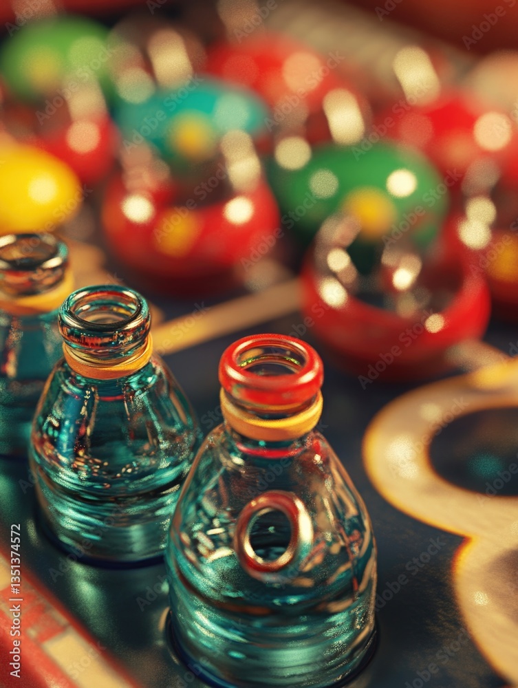 Poster close up view of a collection of glass bottles on a wooden table, perfect for use in still life phot