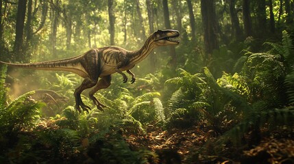 Swift and slender Coelophysis running through a dense prehistoric forest its pack moving in perfect synchronization The undergrowth rustles as they dart between ferns their keen eyes scanning for prey