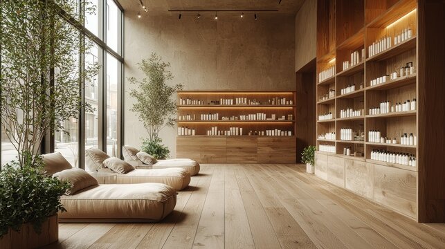 Serene spa interior with wooden floors, shelves, and comfortable seating near large windows