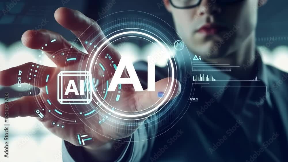 Poster A dynamic business professional interacts with an advanced AI interface, showcasing the exciting intersection of technology and innovation in todays everevolving digital landscape
