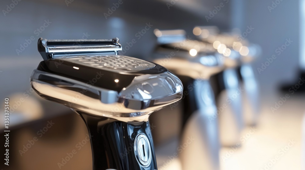 Poster a row of electric shavers sits on top of a counter, ready for use