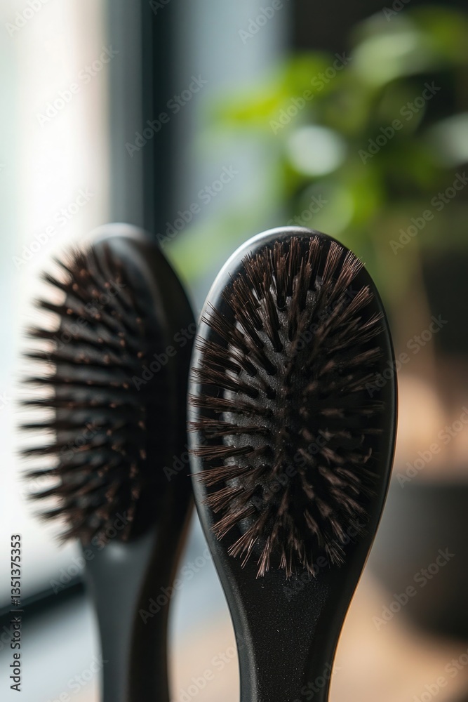 Poster a pair of rustic wooden brushes resting on a wooden surface, perfect for decorating or using in diy 