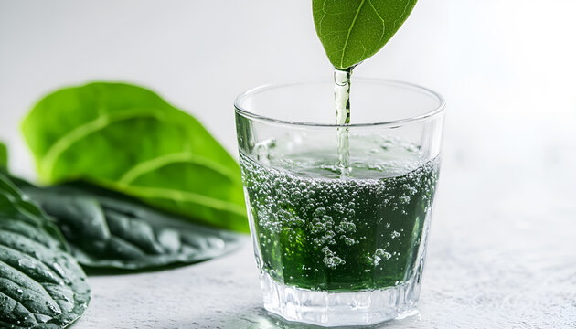 Chlorophyll extract is poured in pure water in glass against a white grey background with green leaf. Liquid chlorophyll in a glass of water. Concept of superfood, healthy eating, detox and diet