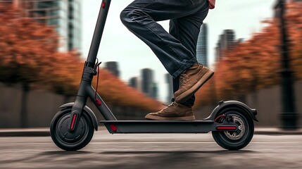 Man riding escooter city street.