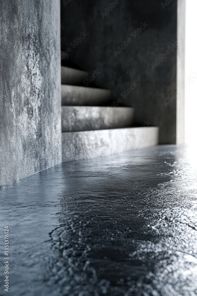 Poster a close-up shot of a wet floor with water droplets reflecting the surrounding light