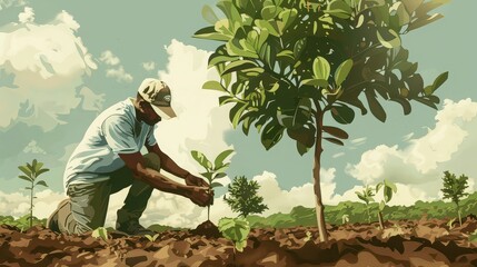 Worker planting trees to improve the plantationâ€™s environmental sustainability. 