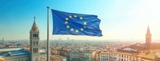 The EU flag is waving in the wind in front of a city