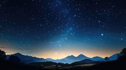 Fototapeta premium Serene Night Sky Over Majestic Mountains with Twinkling Stars and Gradients of Color Reflecting Tranquil Atmosphere at Dusk, Perfect for Nature and Astronomy Themes