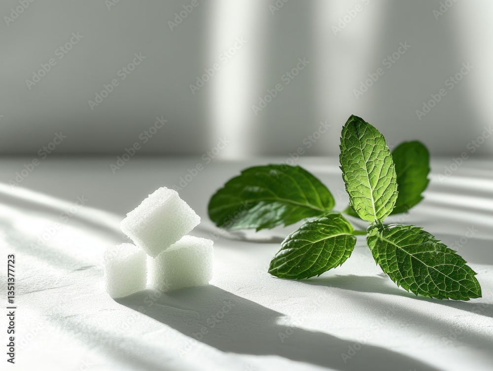 Poster a small pile of sugar cubes next to a sprig of fresh mint, perfect for garnishing drinks or adding a