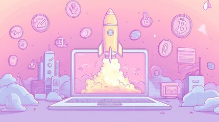 Laptop screen rocket launch, crypto, city background; startup concept