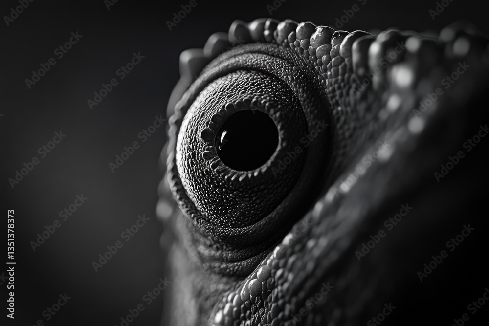 Poster a close-up view of a lizard's eye in monochrome