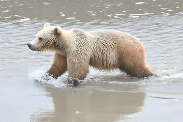 Fototapeta premium Majestic Grizzly Bear Walking Through Shimmering Water