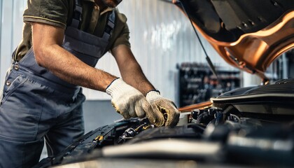 hands of car mechanic working in auto repair service