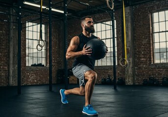 A fit, bearded man performs a lunge with a medicine ball in an industrial-style gym. Focused expression, strong physique, and dynamic movemen