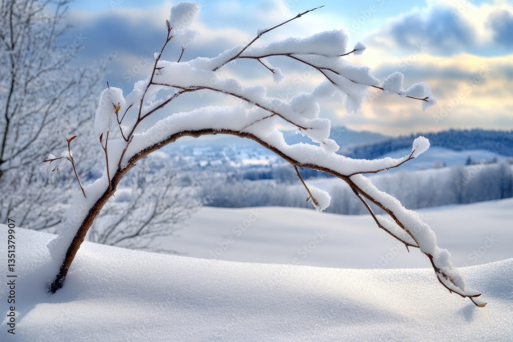 Poster a single snow-covered tree branch stands out in a vast snowy field, providing a serene winter landsc
