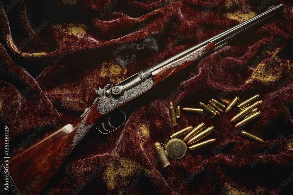 Poster a gun and various bullet shells lying on a soft, luxurious velvet surface