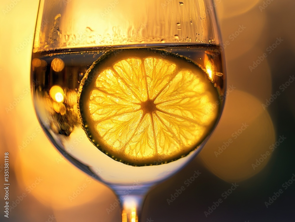 Poster a glass filled with red wine and featuring a slice of lemon for garnish