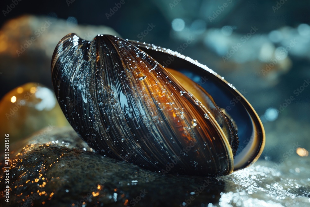 Aufkleber a close-up view of a clam sitting on a rock, its shell open