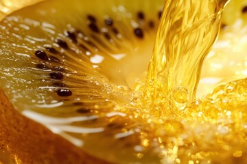 Golden kiwi extract flows like soft glowing amber light, illuminating its vibrant essence and rich texture. © wpw