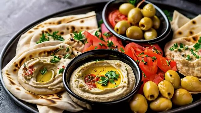 Mediterranean meze platter, hummus, olives, pita bread, tomatoes, dark background, restaurant food